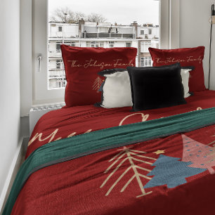 Deep Red & Gold Family Named Merry Christmas  Fleece Blanket