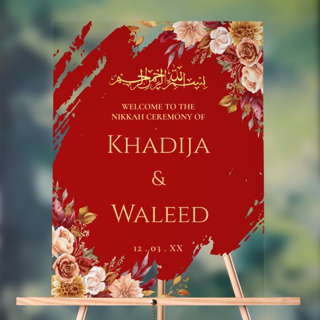 Deep Red & Gold Floral Muslim Nikkah Welcome Sign (Neutral)