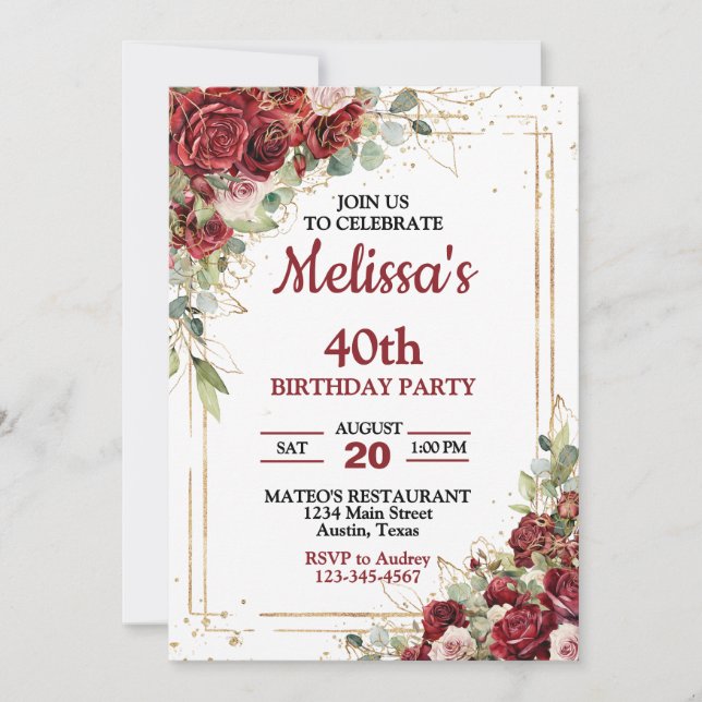 Deep Red & Gold Frame Roses Any Year Birthday Invitation (Front)
