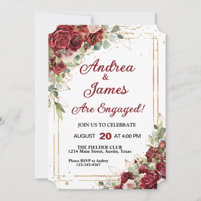 Deep Red & Gold Frame Roses Engagement party Invitation (Front)