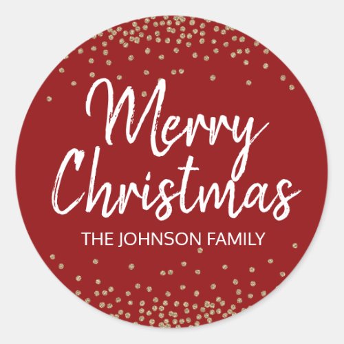 Deep RED Gold Glitter Confetti Merry Christmas Classic Round Sticker