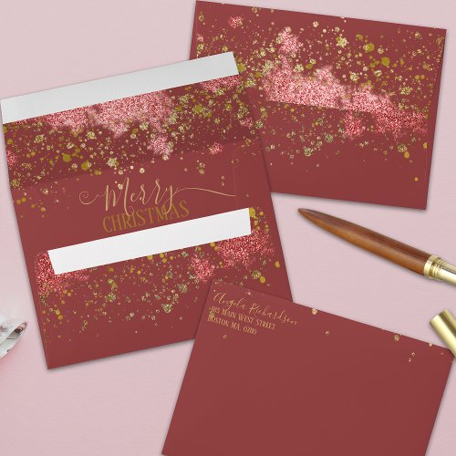 Deep Red Gold Glitter Paint Splatters Christmas Envelope