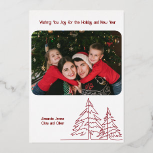 Deep Red & Gold Graphic Christmas Tree Minimal Foil Holiday Card