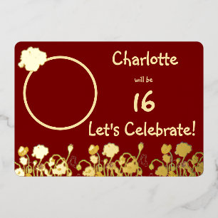 Deep Red & Gold Wild Poppy 16th Birthday Foil Invitation