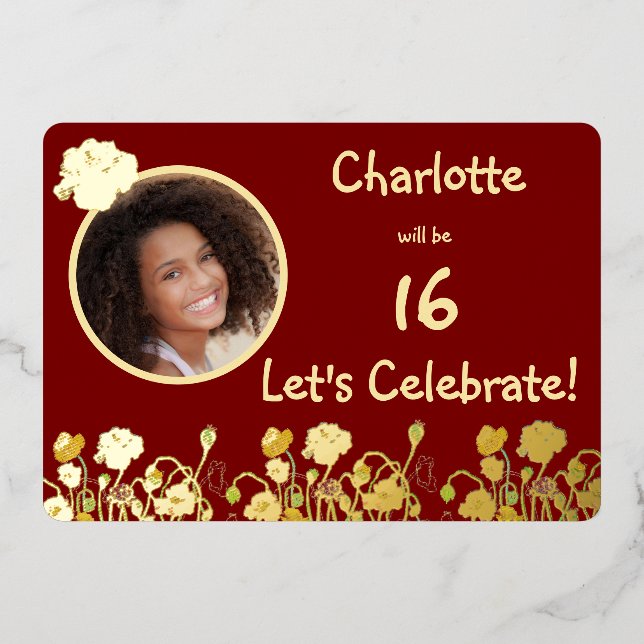 Deep Red & Gold Wild Poppy 16th Birthday Foil Invitation (Front)