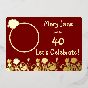 Deep Red & Gold Wild Poppy 40th Birthday Foil Invitation