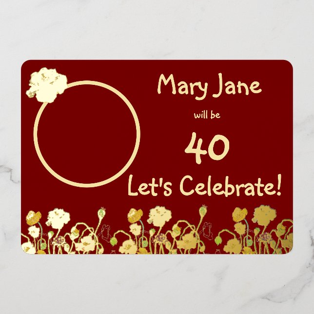 Deep Red & Gold Wild Poppy 40th Birthday Foil Invitation (Front)