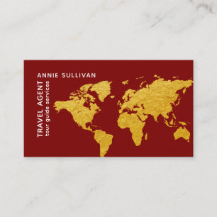 Deep Red Gold World Map Travel Agent  Business Card