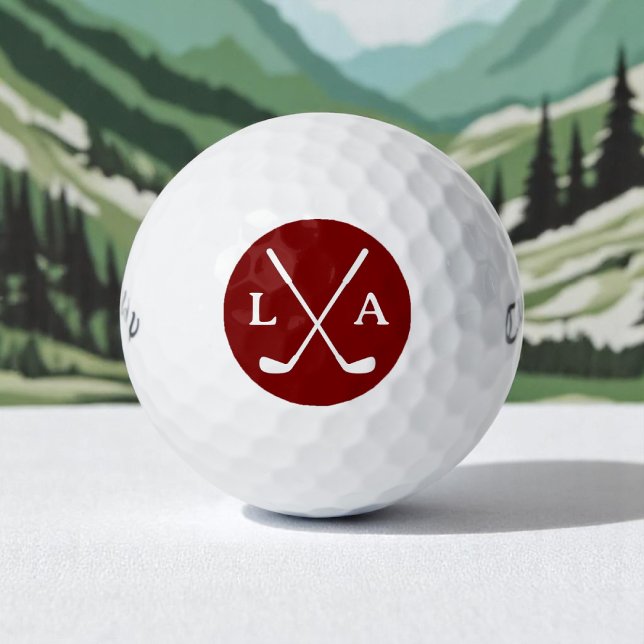 Deep Red Golfer Logo Initials & Crossed Clubs Golf Balls (Creator Uploaded)