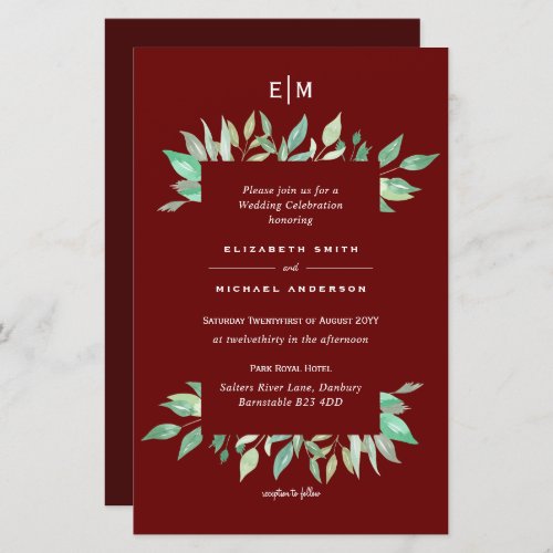 Deep Red Greenery Leaves Budget Wedding Invites A9