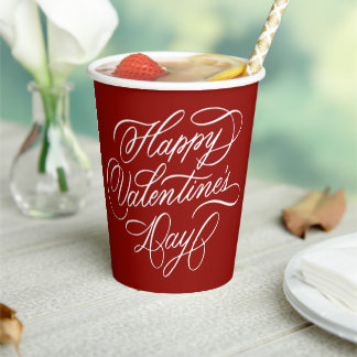 Deep Red Happy Valentines Day Calligraphy  Paper Cups