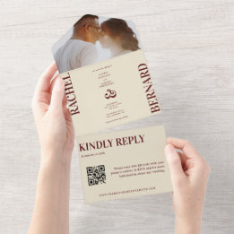 Deep Red & Ivory Typography QR Code Wedding   All In One Invitation