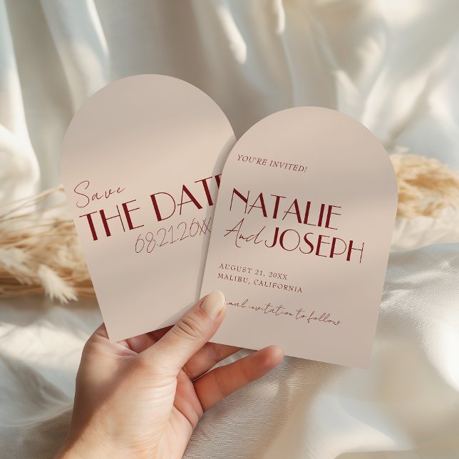 Deep Red Ivory Whimsical Retro Arched Wedding Save The Date (Creator Uploaded)