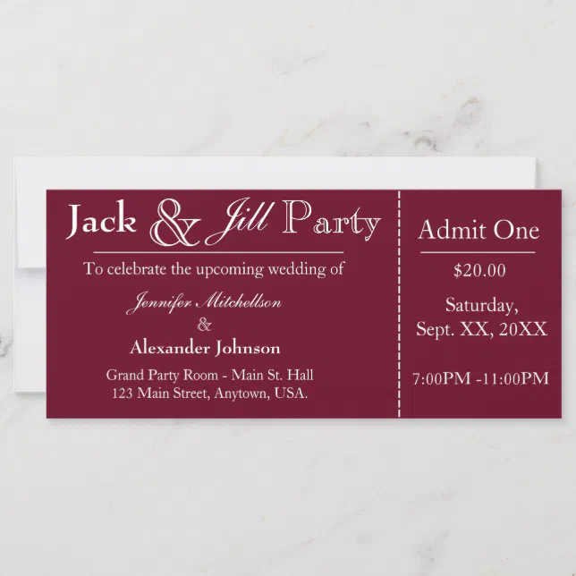 Deep Red Jack and Jill Shower Ticket Invitation Zazzle
