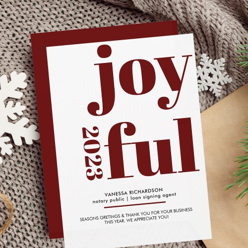 Deep Red Joyful 2023 oversize modern text Notary Holiday Card