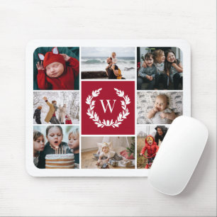 Deep Red Laurel Wreath Monogram Photo Collage Mouse Pad