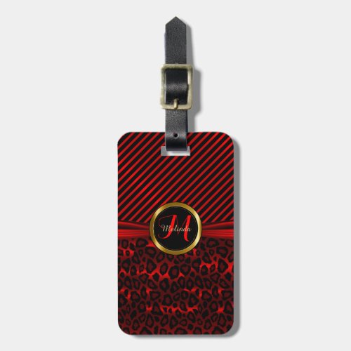 Deep Red Leopard Animal Pattern _ Monogram Luggage Tag