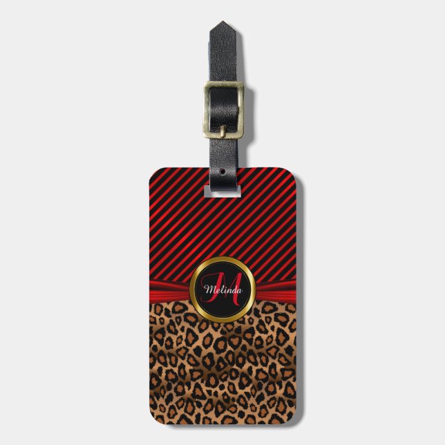 Deep Red Leopard Animal Print - Monogram Luggage Tag (Front Vertical)