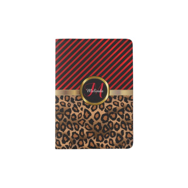 Deep Red Leopard Animal Print - Monogram Passport Holder (Front)