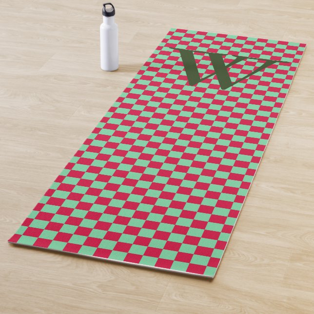 Deep Red & Light Green Checkerboard Monogrammed Yoga Mat (In Situ)