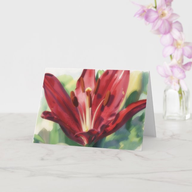 Deep Red Lily Flower Art Note Card (Orchid)
