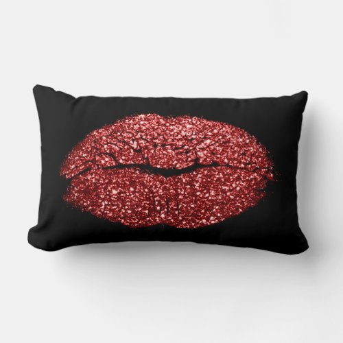 Deep Red Lips Glitter Black Makeup Kiss Lumbar Pillow