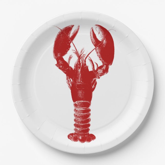 Deep Red Lobster on White Paper Plates (Front)