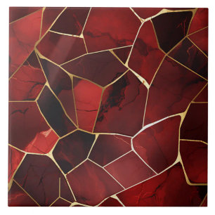 Deep Red Marble Mosaic with Gold Outlines Ceramic Tile