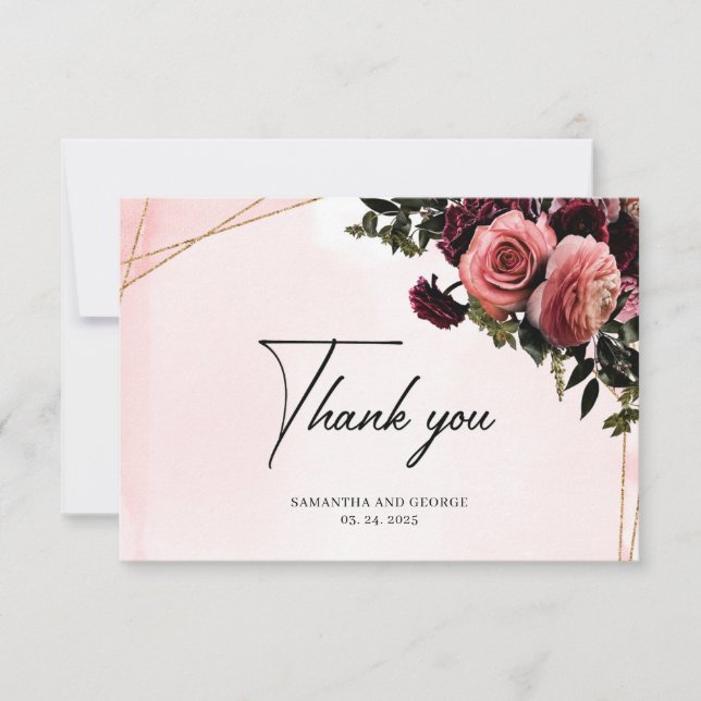 Deep red maroon mauve blush burgundy gold frame thank you card (Front)