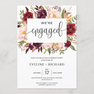 Deep red marsala blush pink floral engagement invitation