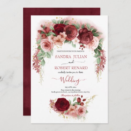  Deep Red Marsala Bush  Pink Gold  Floral wedding Invitation