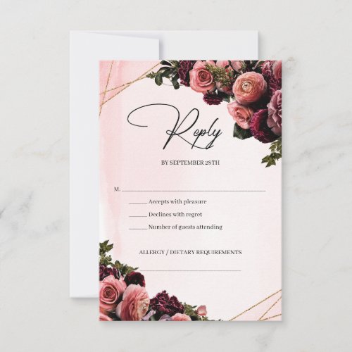 Deep red marsala mauve blush burgundy flowers RSVP card