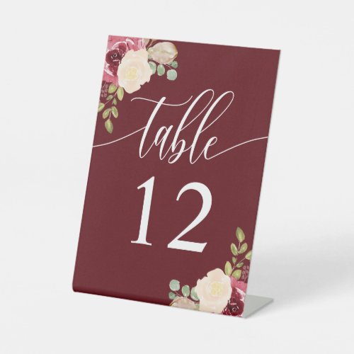 Deep Red Merlot Chic Floral Wedding Table Number Pedestal Sign