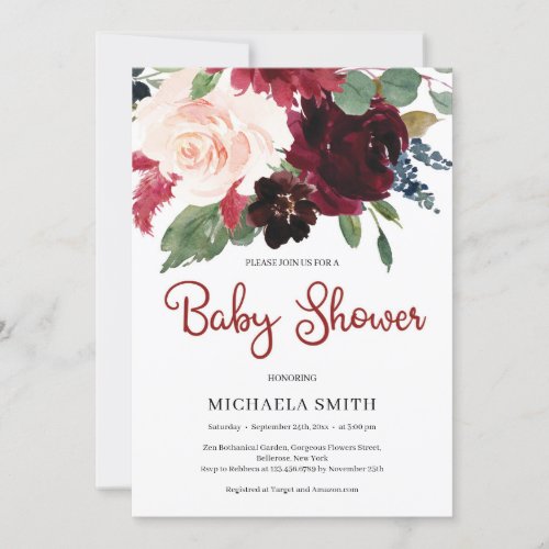 Deep red merlot floral boho winter baby shower invitation