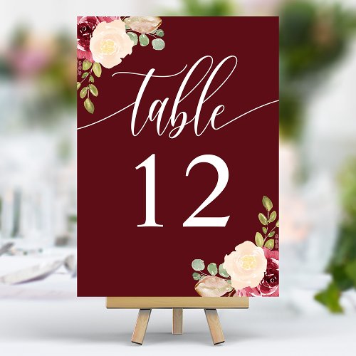 Deep Red Merlot Floral Calligraphy Wedding Table Number