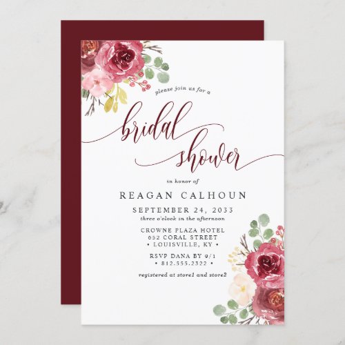 Deep Red Merlot Floral Watercolor Bridal Shower Invitation