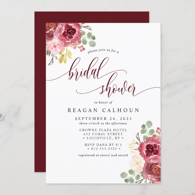 Deep Red Merlot Floral Watercolor Bridal Shower Invitation (Front/Back)