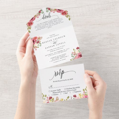 Deep Red Merlot Floral Watercolor Wedding All In One Invitation
