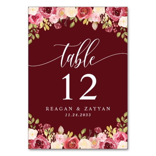 Deep Red Merlot Floral Wedding Table Number