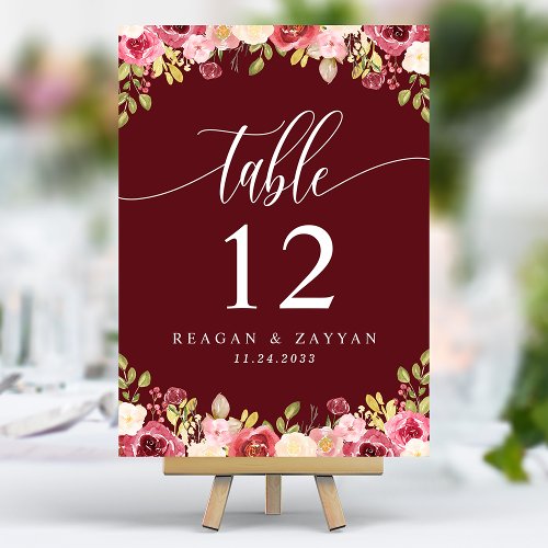 Deep Red Merlot Floral Wedding Table Number
