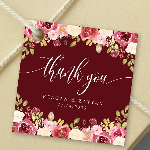 Deep Red Merlot Floral Wedding Thank You Favor Tags