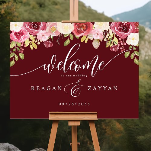 Deep Red Merlot Floral Wedding Welcome Foam Board