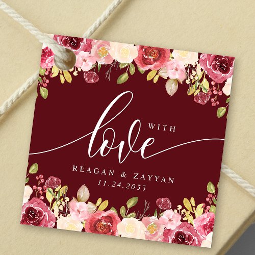 Deep Red Merlot Floral Wedding With Love Favor Tags