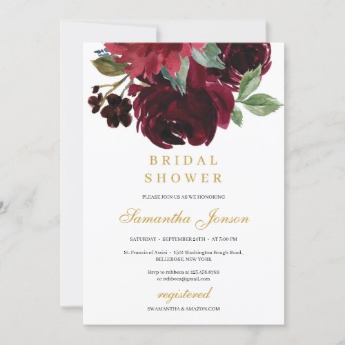 Deep red merlot flowers and gold winter bridal invitation