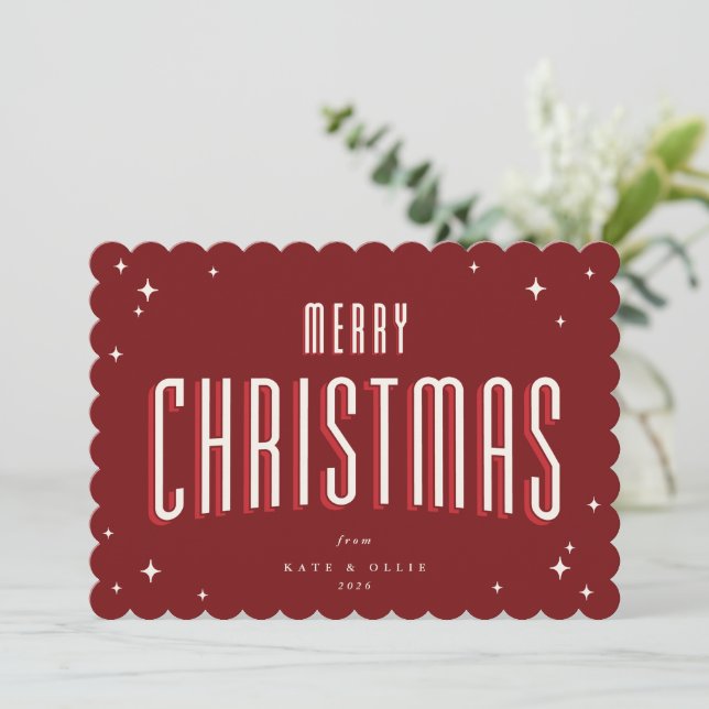 Deep Red Merry Christmas Retro Stars Flat Holiday Card (Standing Front)