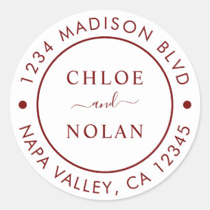 Deep Red Modern Script Return Address Classic Round Sticker