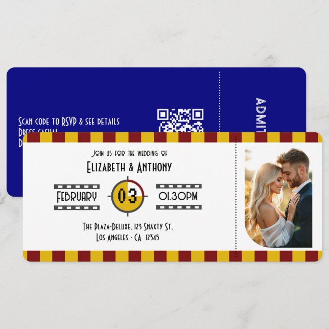 Deep Red, Navy Blue & Gold Cinema Ticket Invitation (Front/Back)