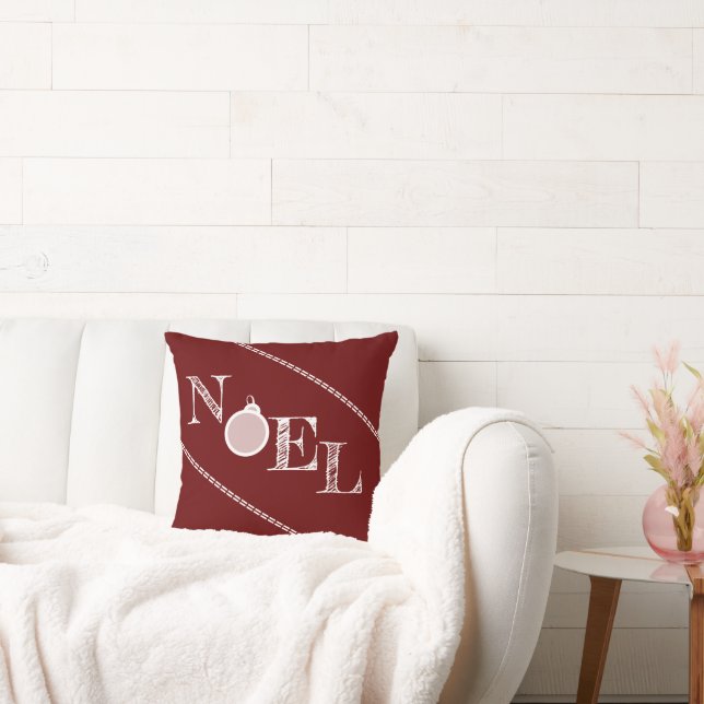 Deep Red Noel Typography Christmas Throw Pillow (Couch)
