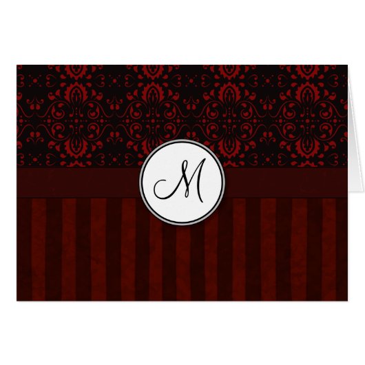 Deep Red on Black Damask and Stripes with Monogram Cards (Front Horizontal)