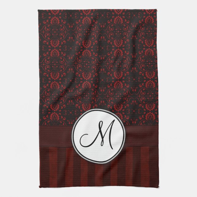 Deep Red on Black Damask and Stripes with Monogram Kitchen Towel (Vertical)